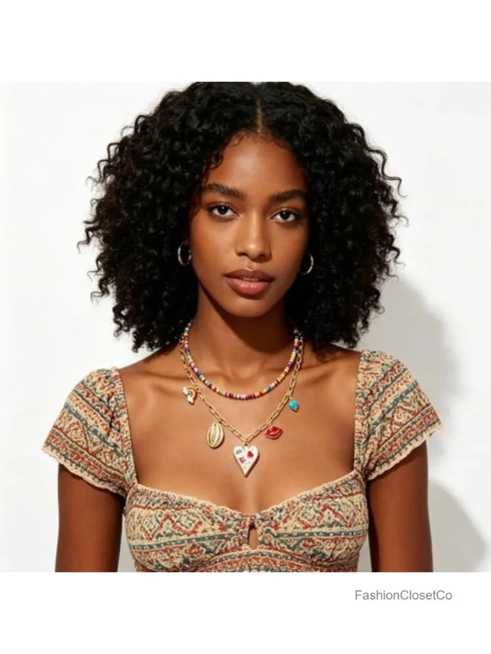 Layered Beaded Choker Necklace Set Evil Eye Heart Pendant Boho Dainty Statement
